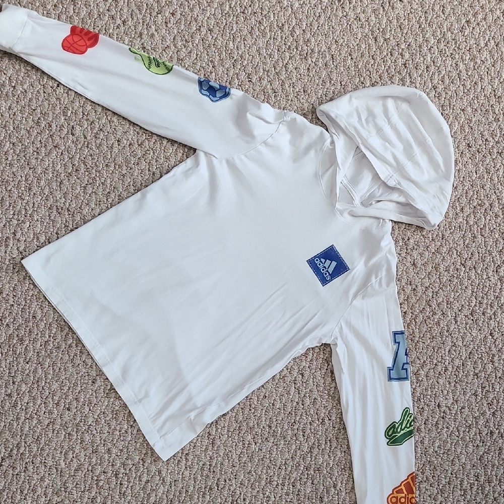 Adidas Kids White Hoodie with Colorful Sleeve Graphics